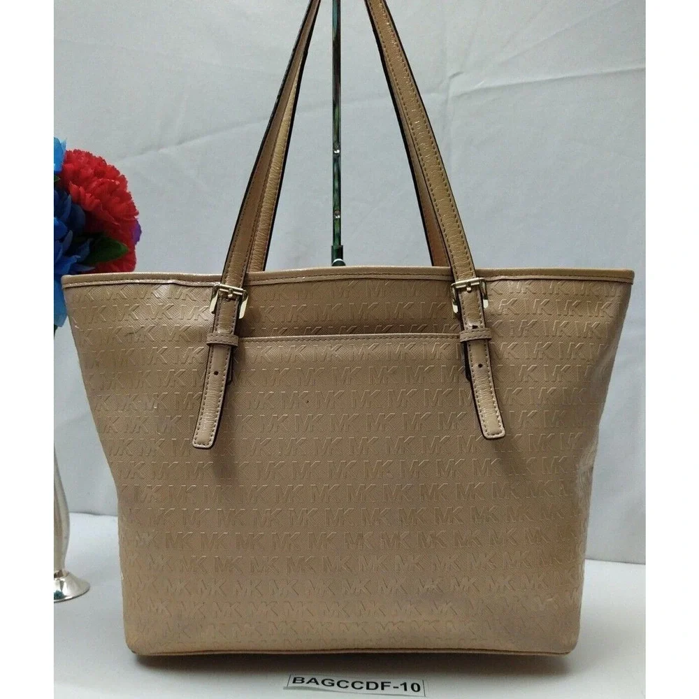 Michael Kors Beige Coated Canvas Leather Trim MK Printed Double Handles Tote Bag